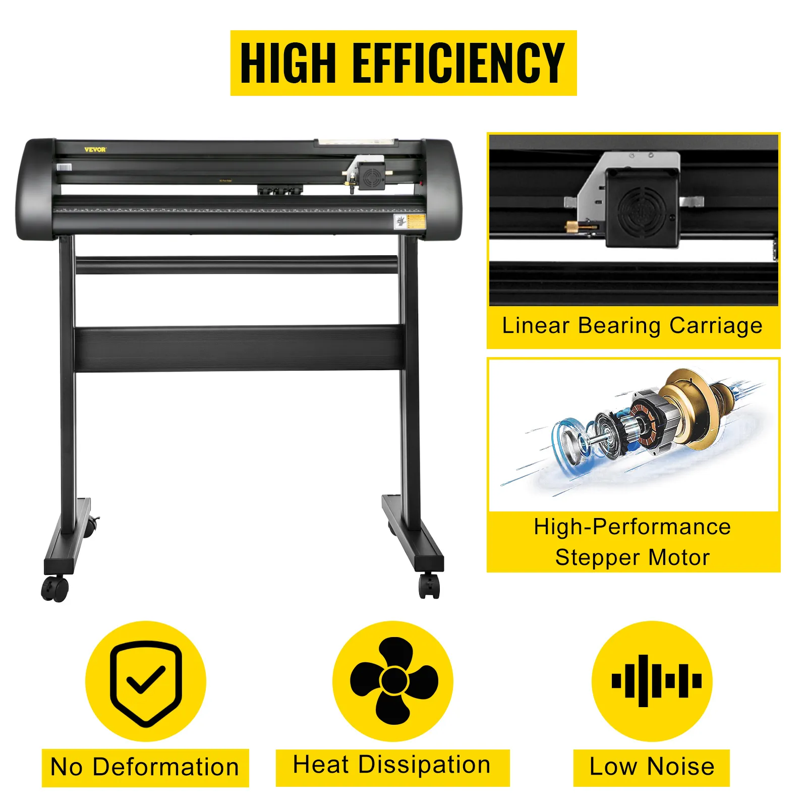 VEVOR vinyl cutter machine with linear bearing carriage, high-performance stepper motor, and low noise.