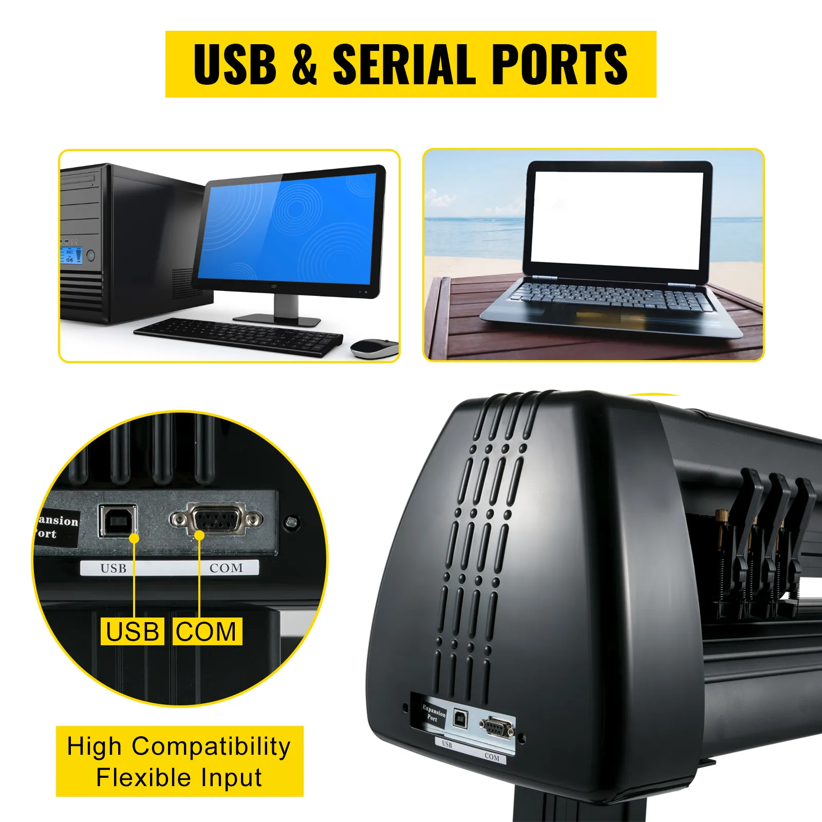 VEVOR vinyl cutter machine with usb and com ports, desktop and laptop compatibility, flexible input options.