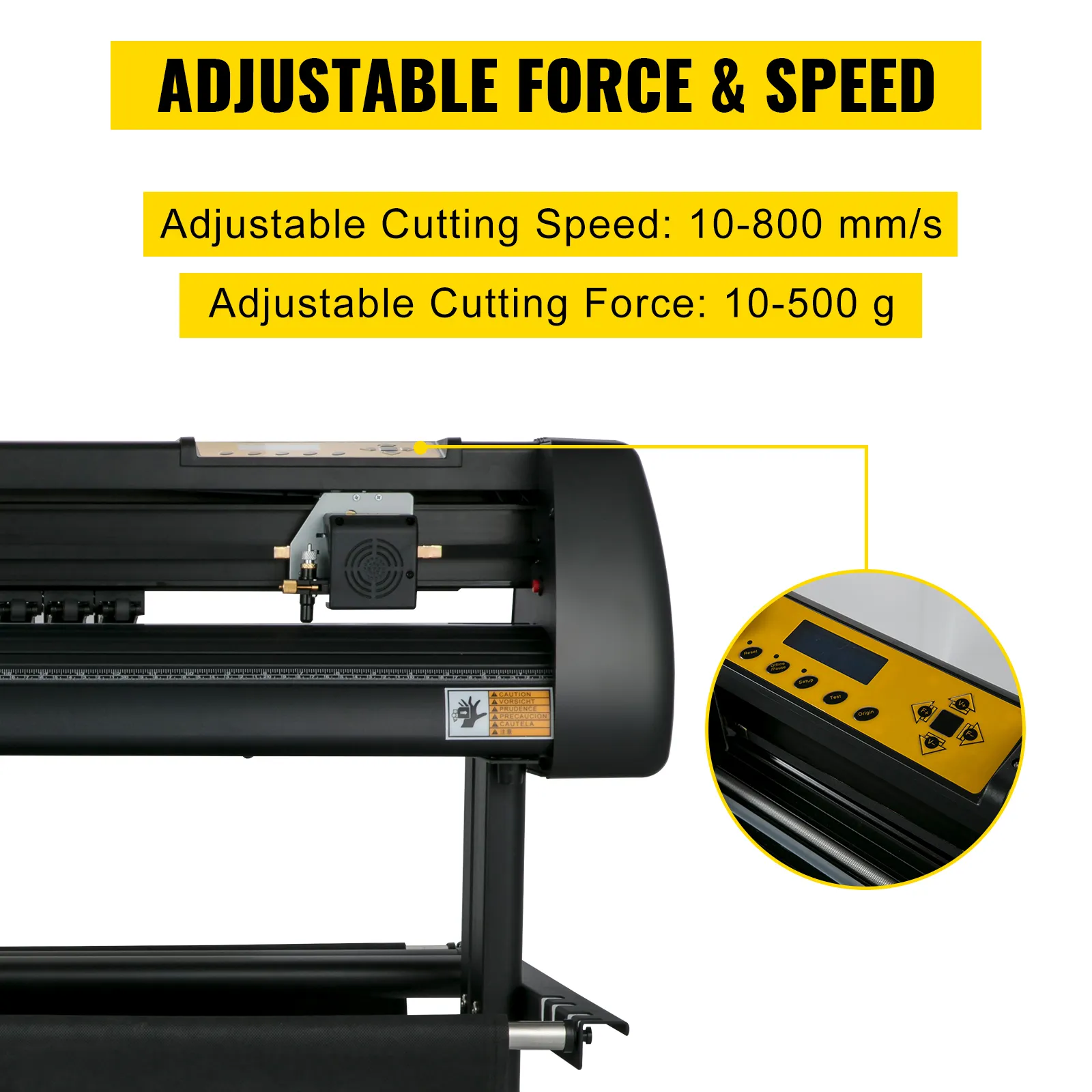 VEVOR vinyl cutter machine with adjustable cutting speed (10-800 mm/s) and cutting force (10-500 g).