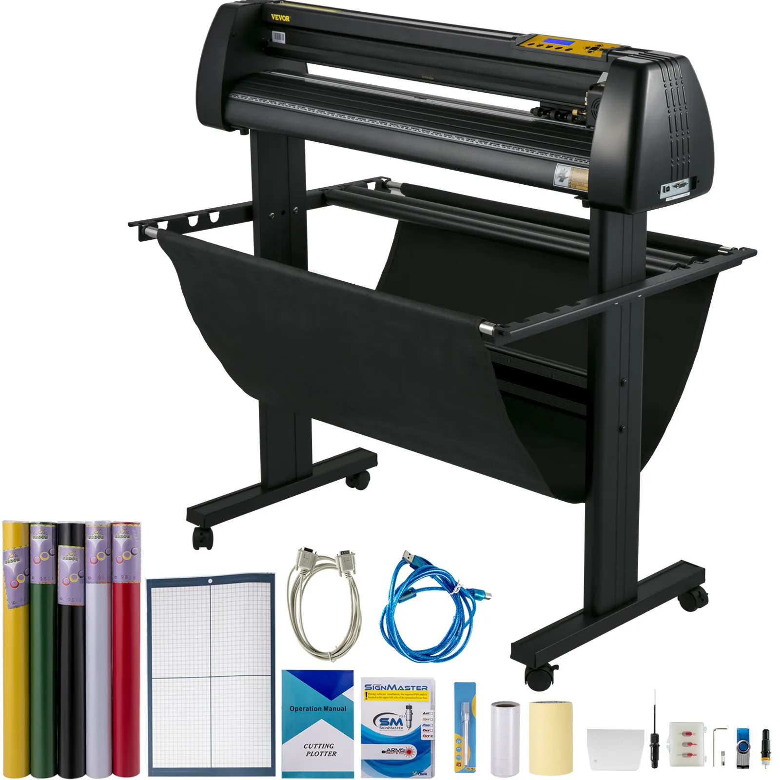 Cortadora de vinilo VEVOR con soporte y accesorios que incluyen cables, manual y rollos de vinilo.