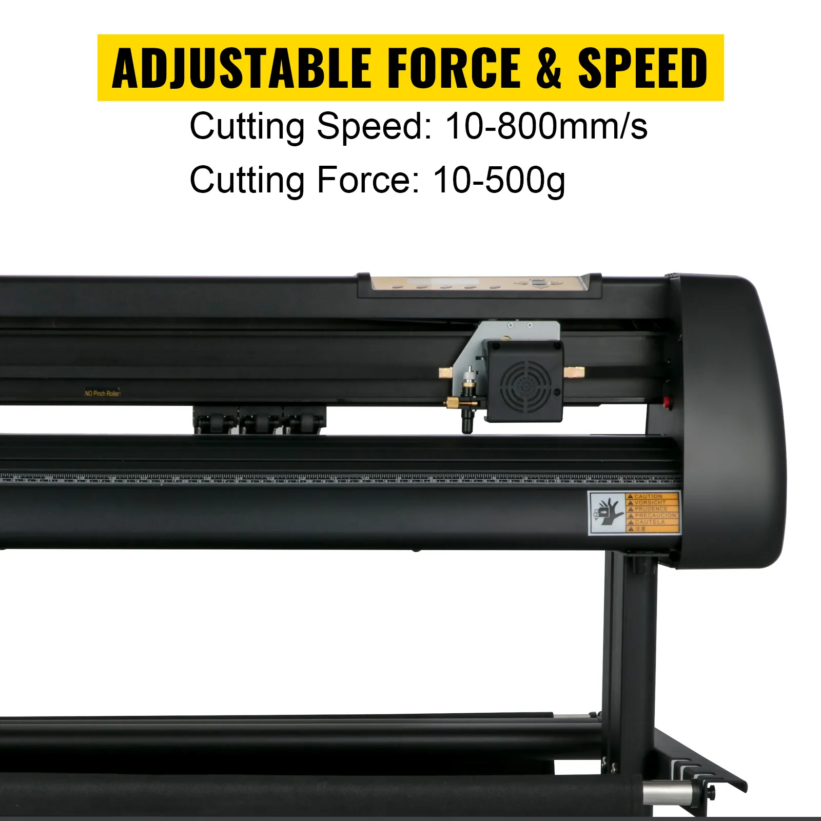 Cortadora de vinilo VEVOR con configuraciones de fuerza y velocidad ajustables que se muestra en una máquina negra.