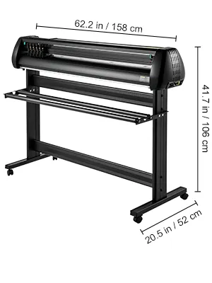 VEVOR vinyl cutter plotter with dimensions 62.2x41.7x20.5 inches, featuring a black stand and cutter.