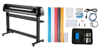 VEVOR vinyl cutter plotter alongside various colored vinyl rolls, instruction manuals, and accessory cables.