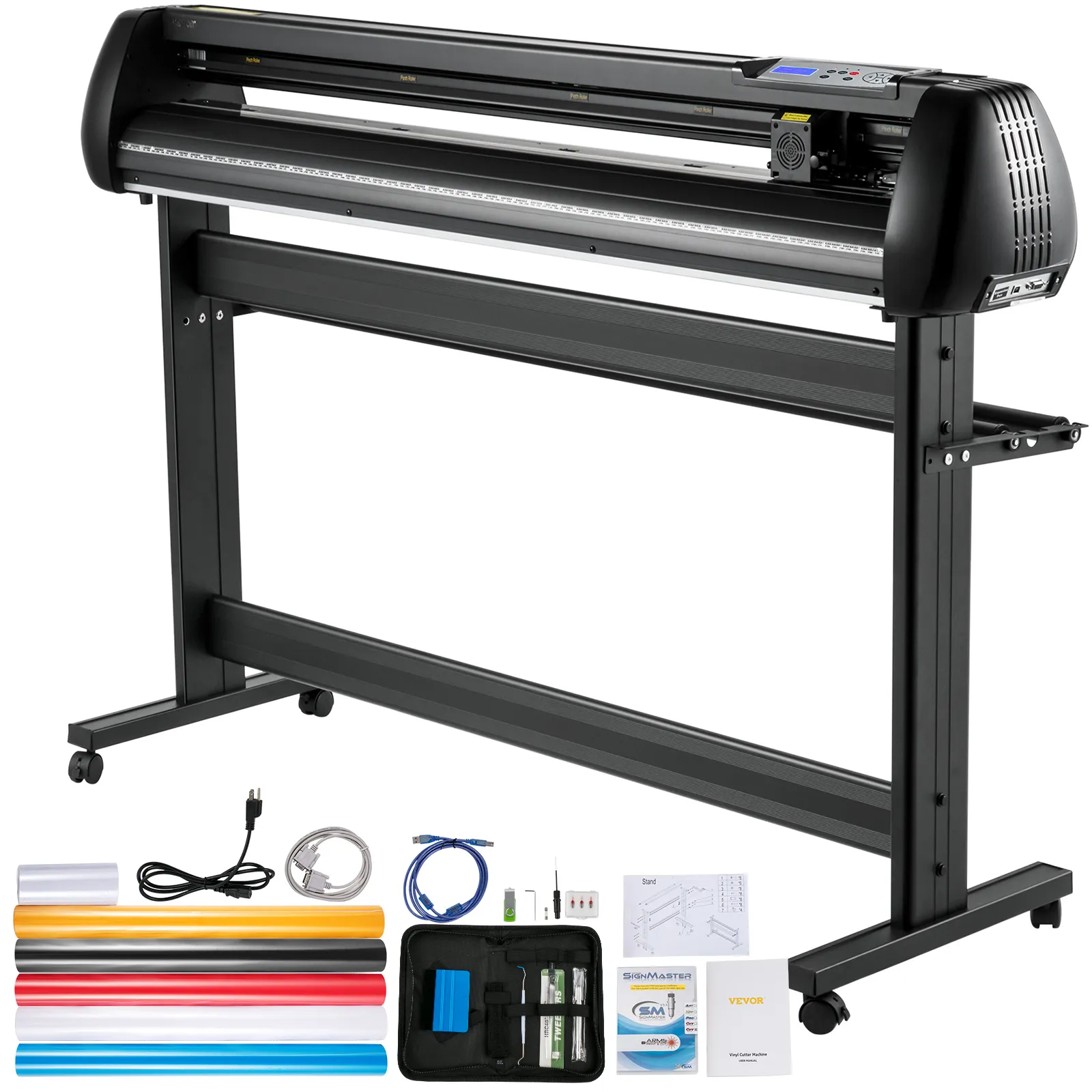 VEVOR vinyl cutter plotter with stand, accessories, and multi-color vinyl rolls set.