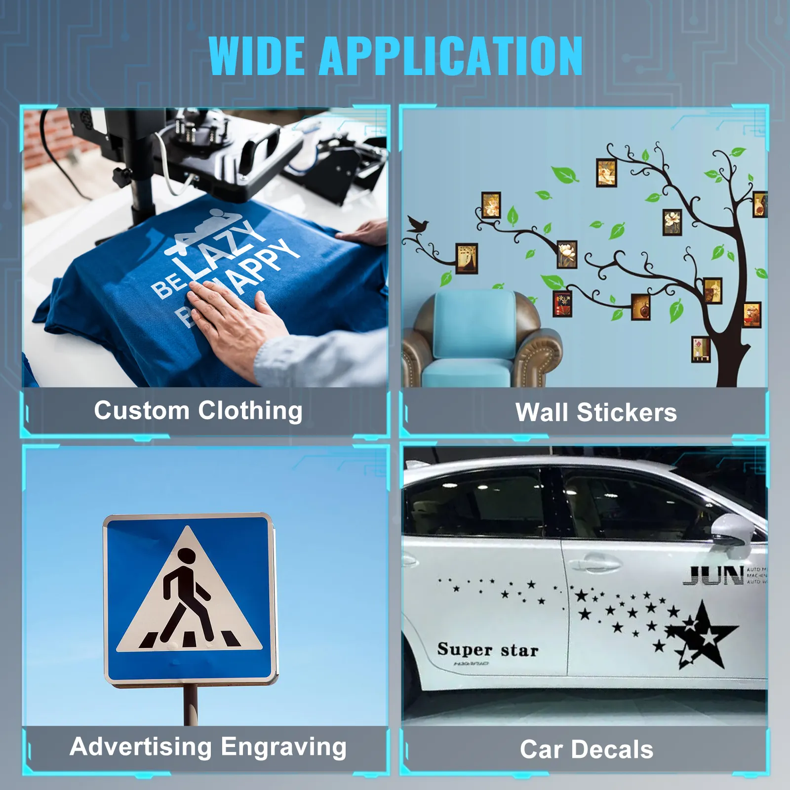 wide application of VEVOR vinyl cutter plotter for custom clothing, wall stickers, signs, and car decals.