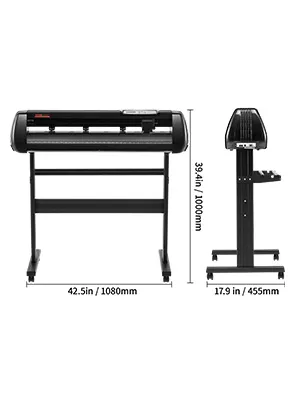 Máquina cortadora de vinilo VEVOR sobre soporte negro, dimensiones: 43,3 x 20,5 x 41,7 pulgadas.