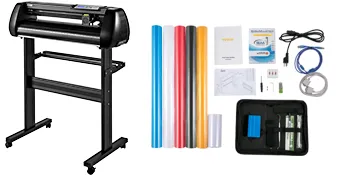 Máquina cortadora de vinilo VEVOR con soporte, rollos de vinilo de colores, cables de alimentación, software y accesorios.