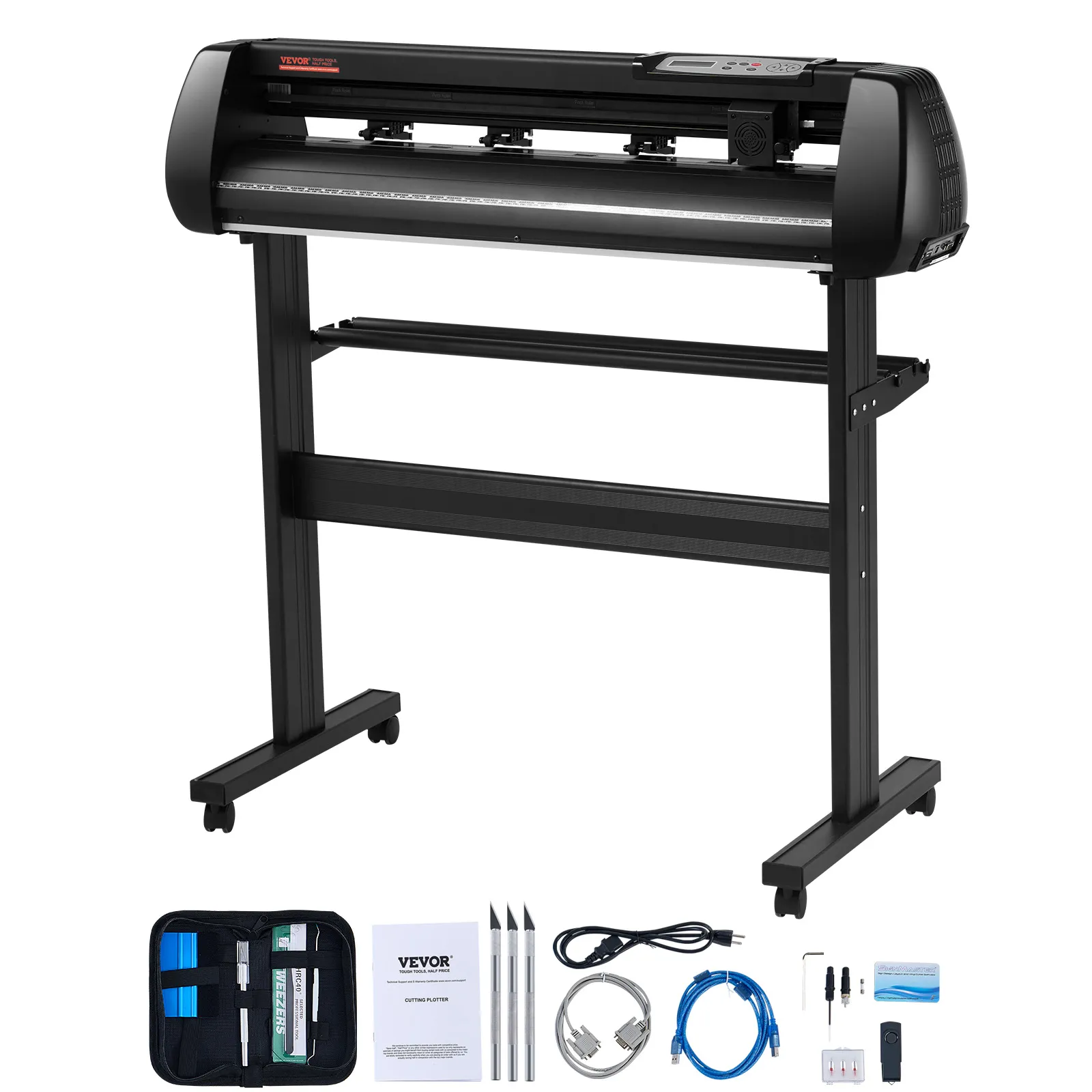 Máquina cortadora de vinilo VEVOR con bluetooth, soporte, cables, software y rollos de vinilo de varios colores.