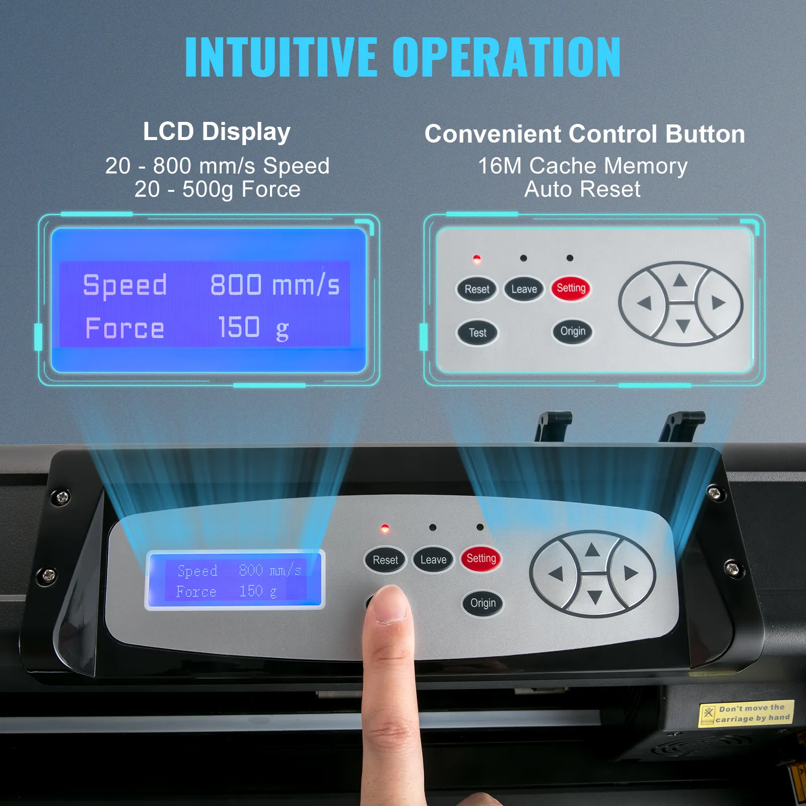 Máquina cortadora de vinilo VEVOR con pantalla LCD que muestra una velocidad de 800 mm/s, una fuerza de 150 g y botones de control.