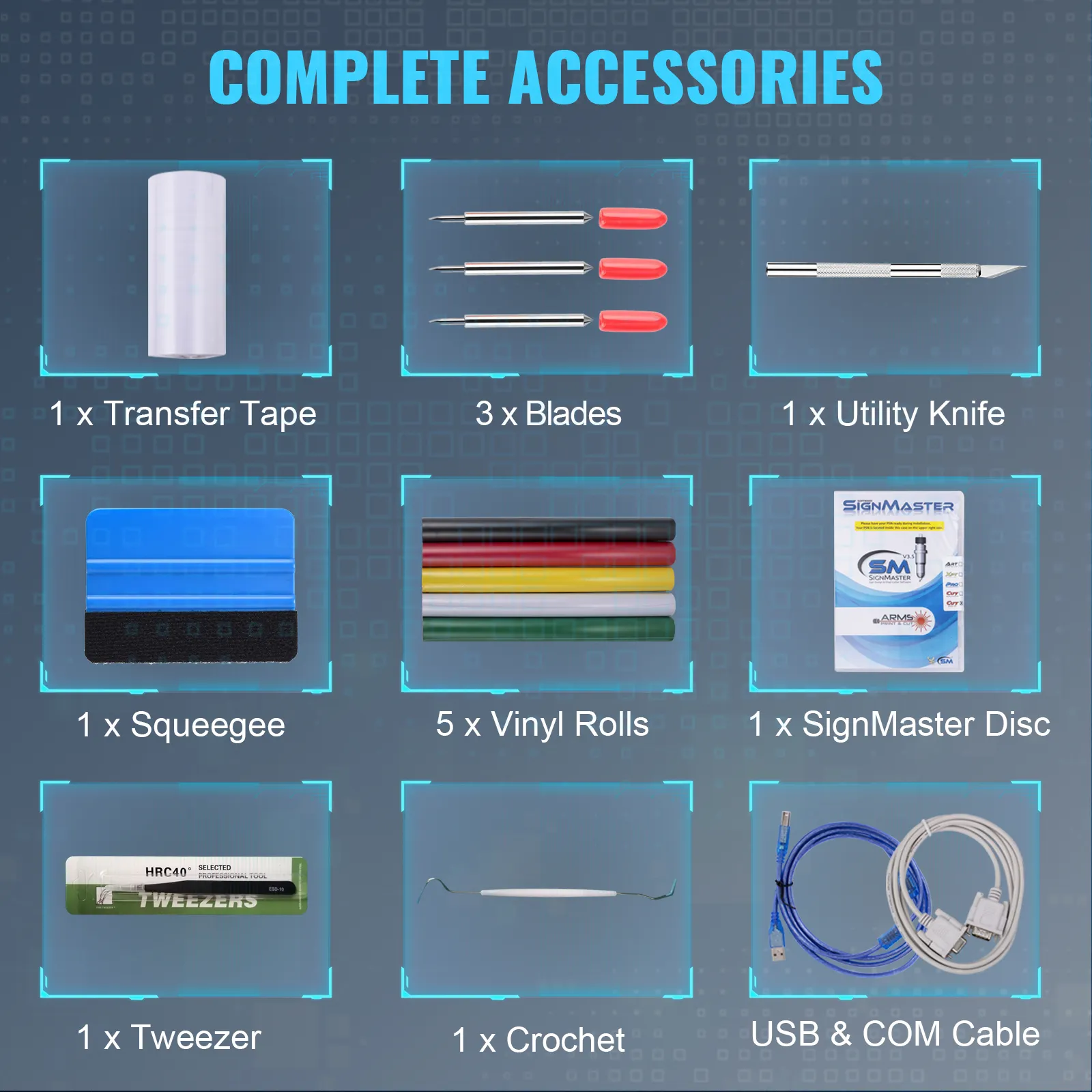 Accesorios completos para máquina cortadora de vinilo VEVOR: cinta de transferencia, cuchillas, cortador multiusos, escobilla de goma, rollos de vinilo, disco Signmaster, pinzas, herramienta de crochet y cable USB y COM.