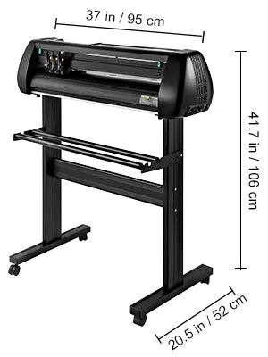 black VEVOR vinyl cutter machine on a standing frame with dimensions indicated.