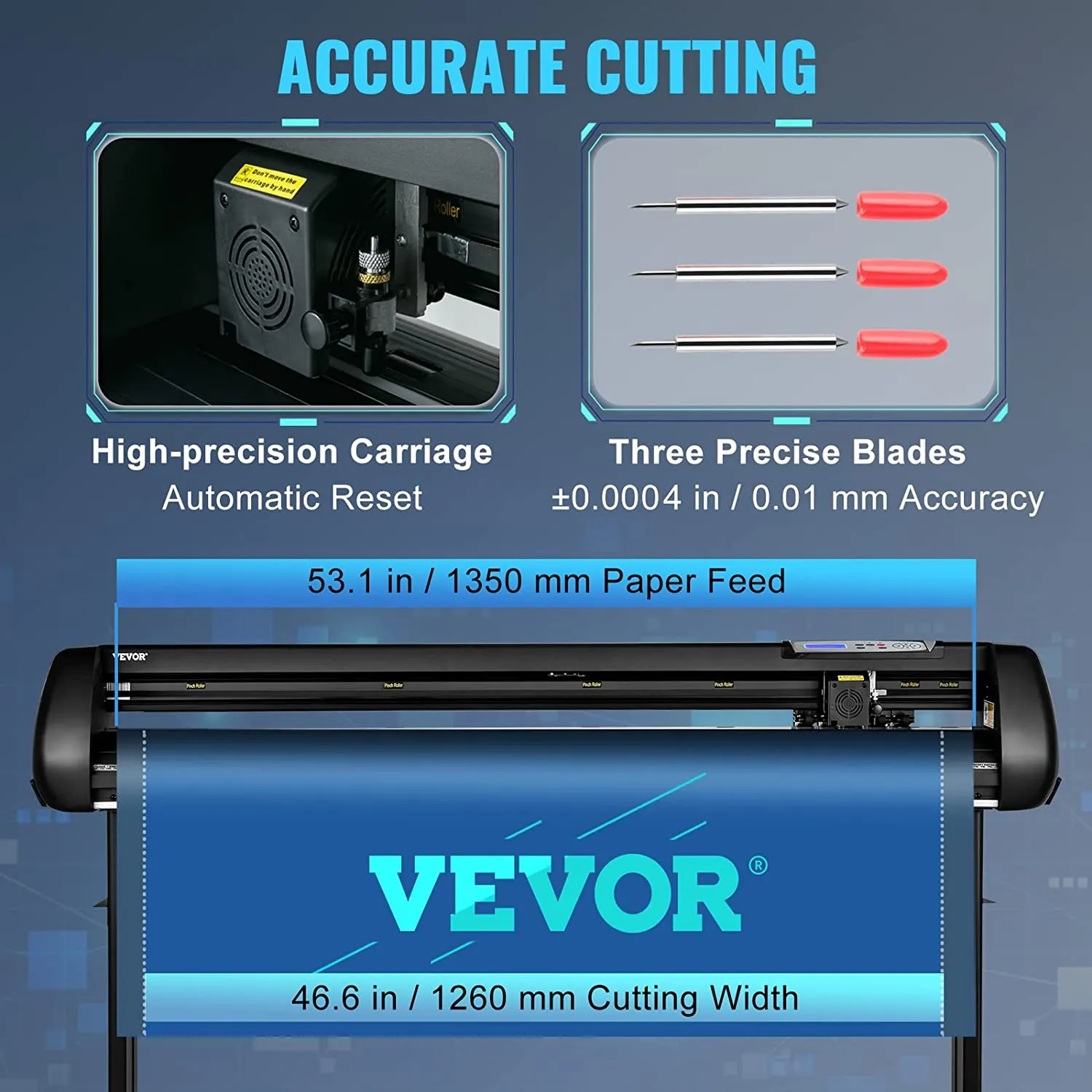 Máquina cortadora de vinilo VEVOR con carro de alta precisión, tres cuchillas precisas, alimentación de papel de 1350 mm.
