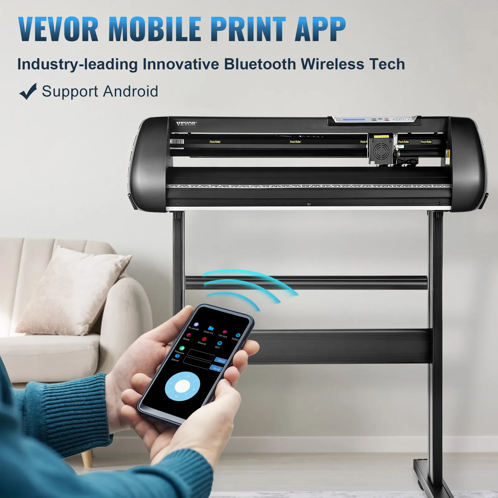 Máquina cortadora de vinilo VEVOR con Bluetooth, compatible con Android, que se muestra con interfaz de control de aplicación móvil.
