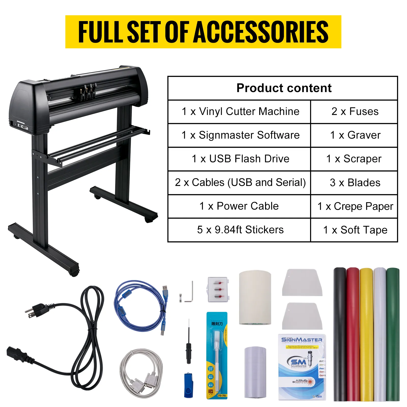 Máquina cortadora de vinilo VEVOR, conjunto completo con accesorios que incluyen cables, cuchillas y software.