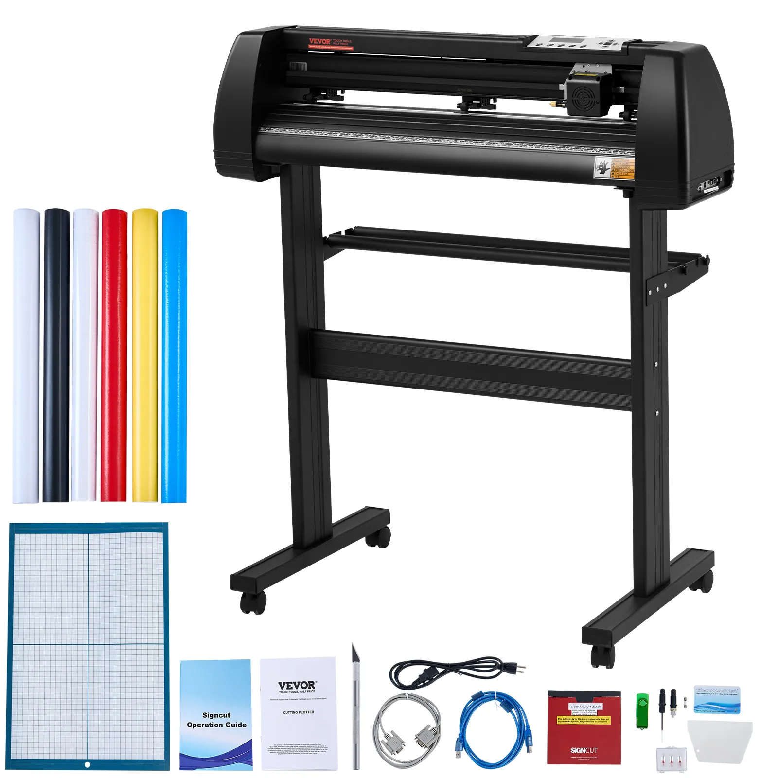 Máquina cortadora de vinilo VEVOR con soporte, rollos de vinilo, cables y herramientas incluidos.
