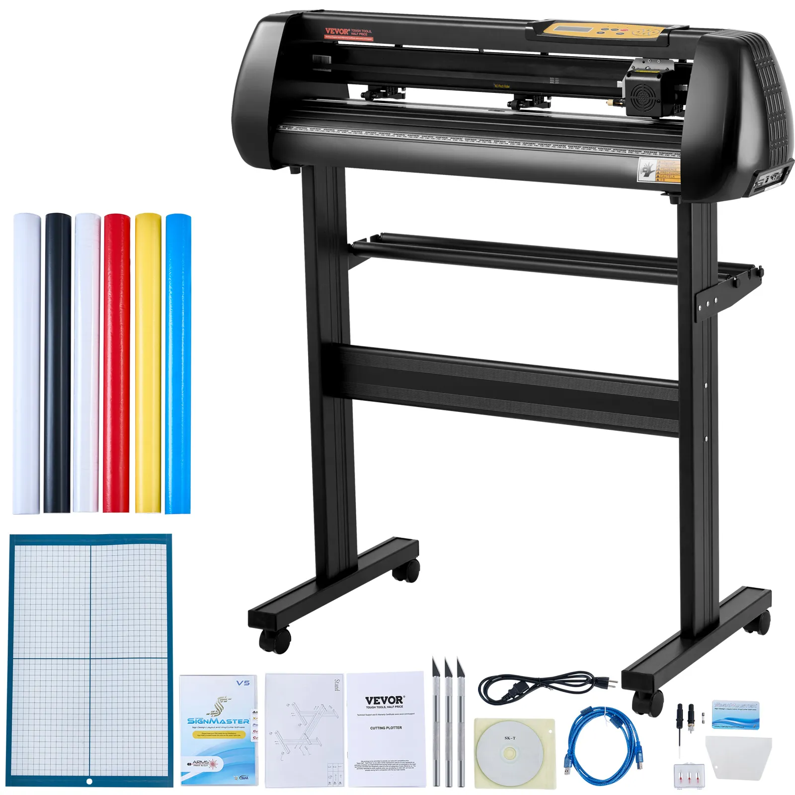 Cortadora de vinilo VEVOR con soporte, rollos de vinilo de colores, tapete de corte y accesorios.