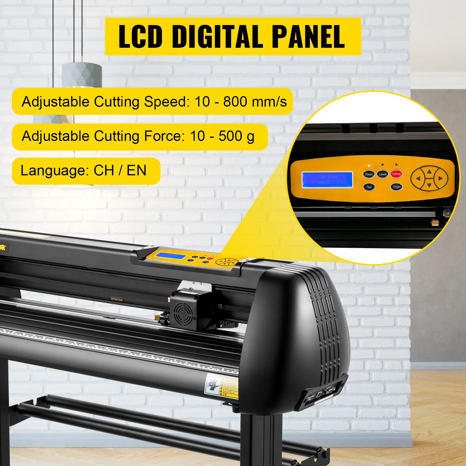 Cortadora de vinilo VEVOR con panel digital lcd, velocidad y fuerza de corte ajustables.