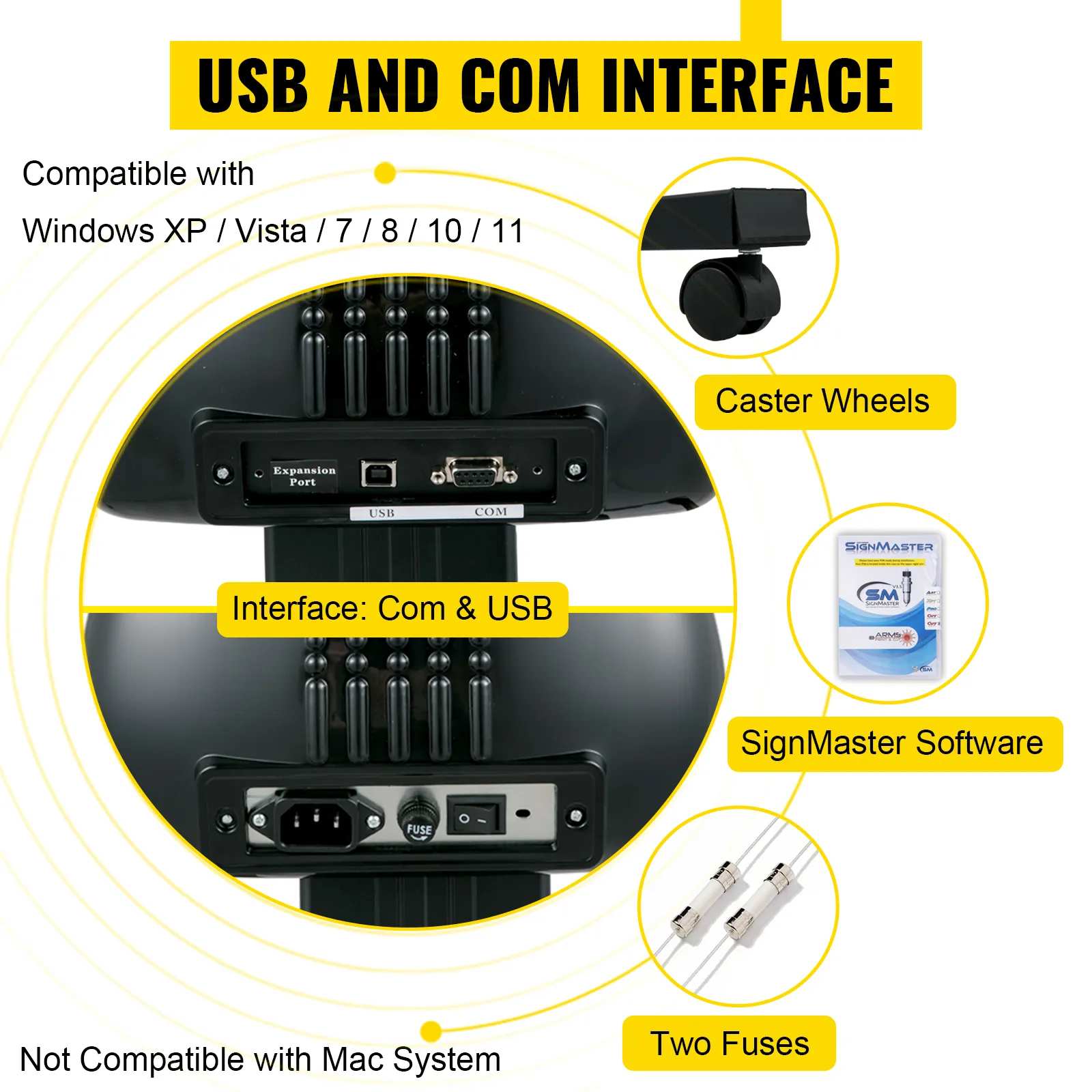 Cortadora de vinilo VEVOR con interfaz usb y com, compatible con windows, cuenta con ruedas giratorias, software signmaster y dos fusibles.