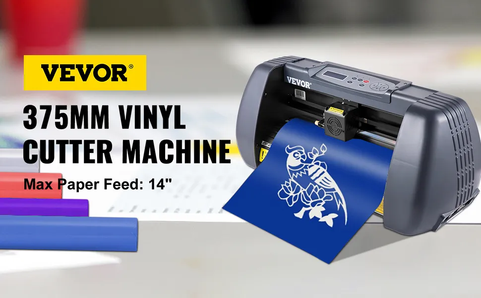 Máquina cortadora de vinilo VEVOR, 375 mm con alimentación de papel máxima de 14", corte de vinilo azul.