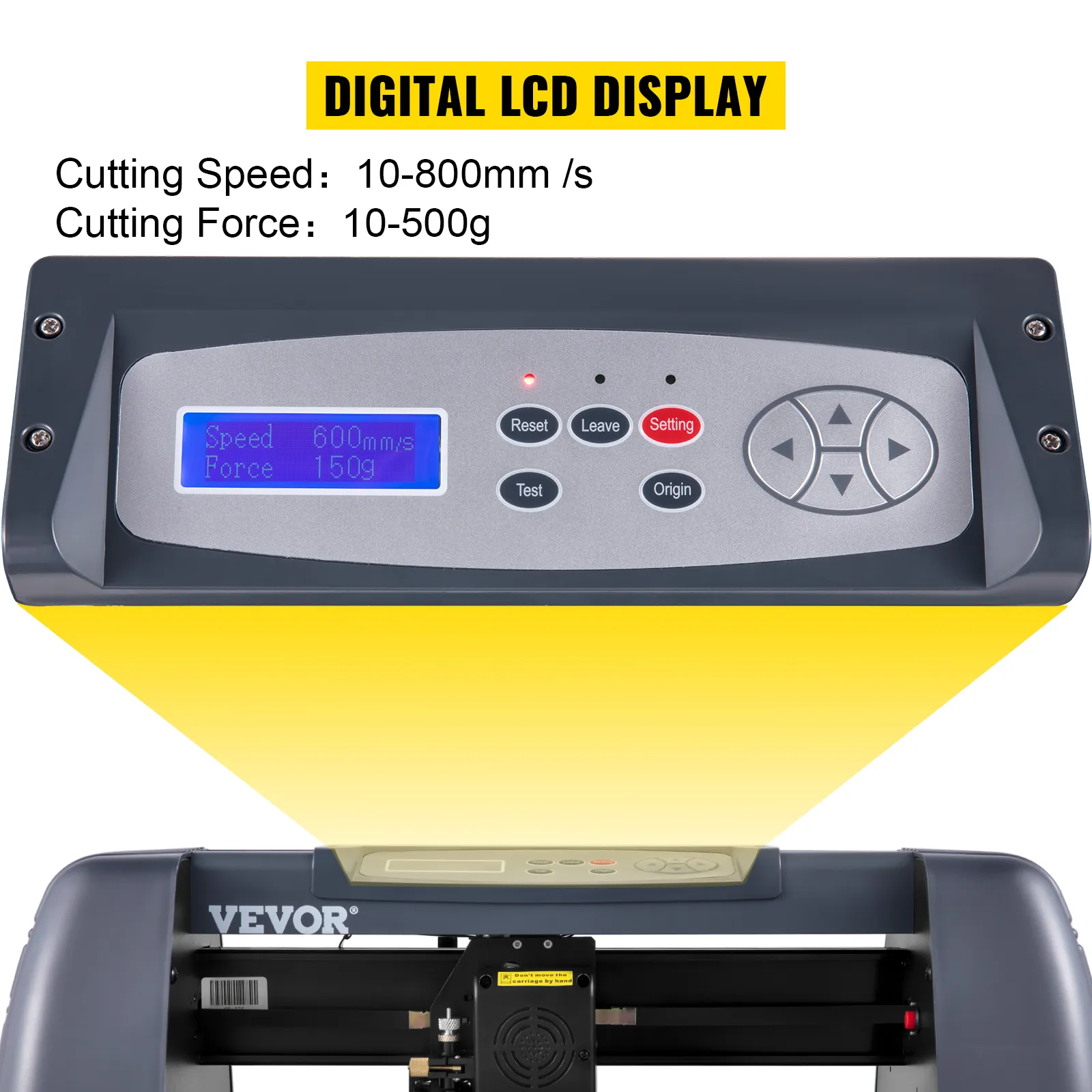 Máquina cortadora de vinilo VEVOR con pantalla LCD digital y botones en el panel de control.
