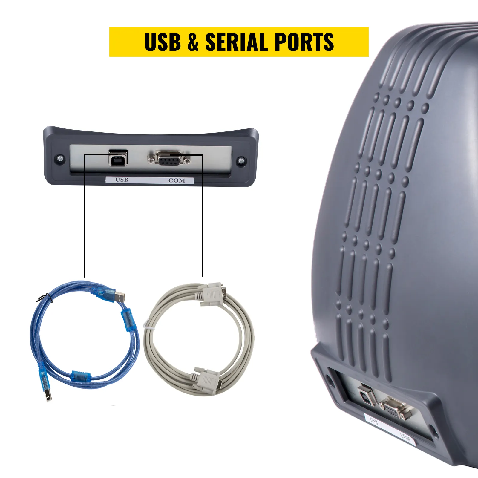 Puertos USB y COM en la máquina cortadora de vinilo VEVOR con cables azul y gris