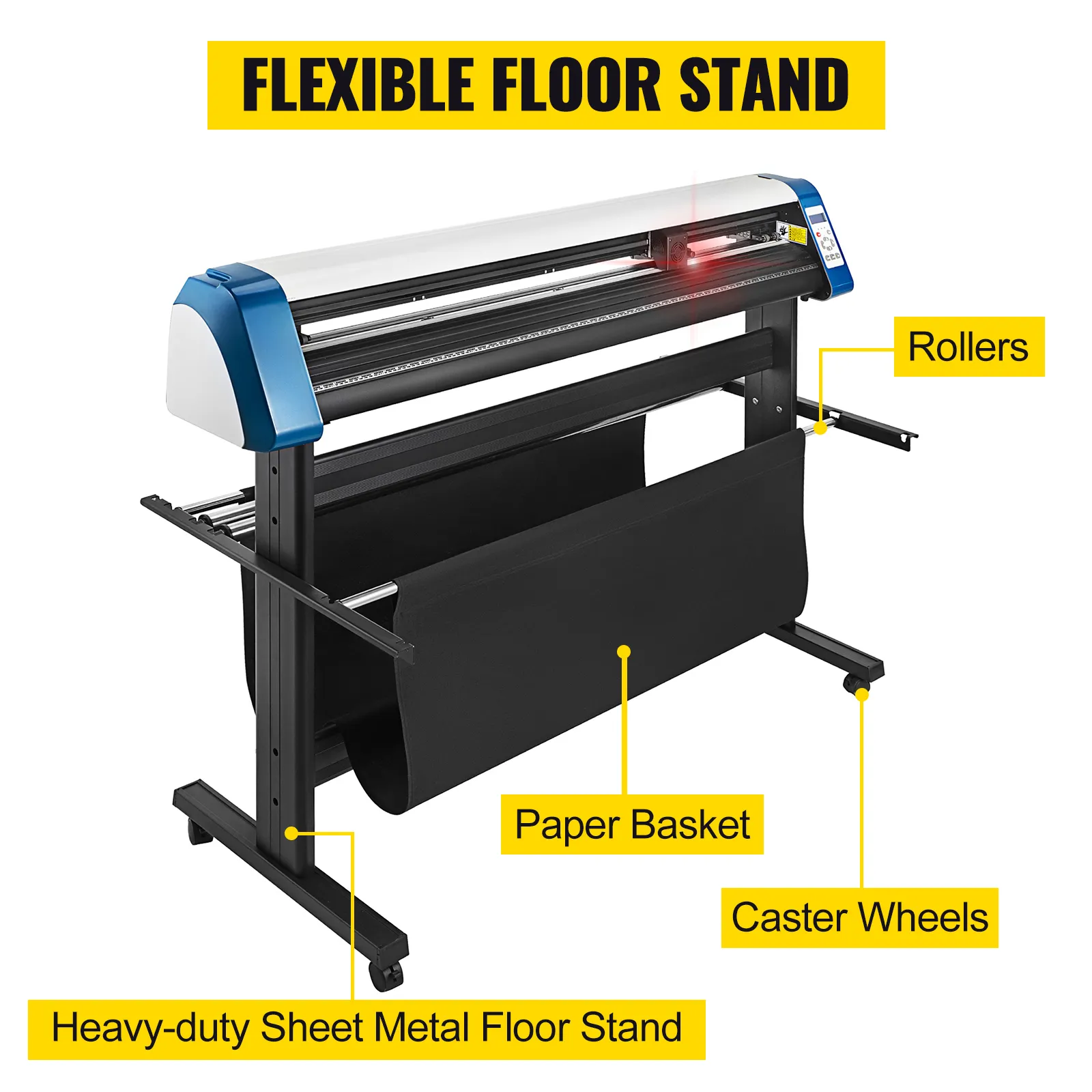 Cortadora de vinilo VEVOR sobre soporte de suelo flexible con rodillos, cesta de papel y ruedas giratorias.