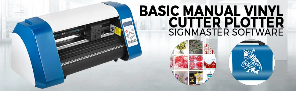 VEVOR vinyl cutter machine with signmaster software on a bright, modern background.