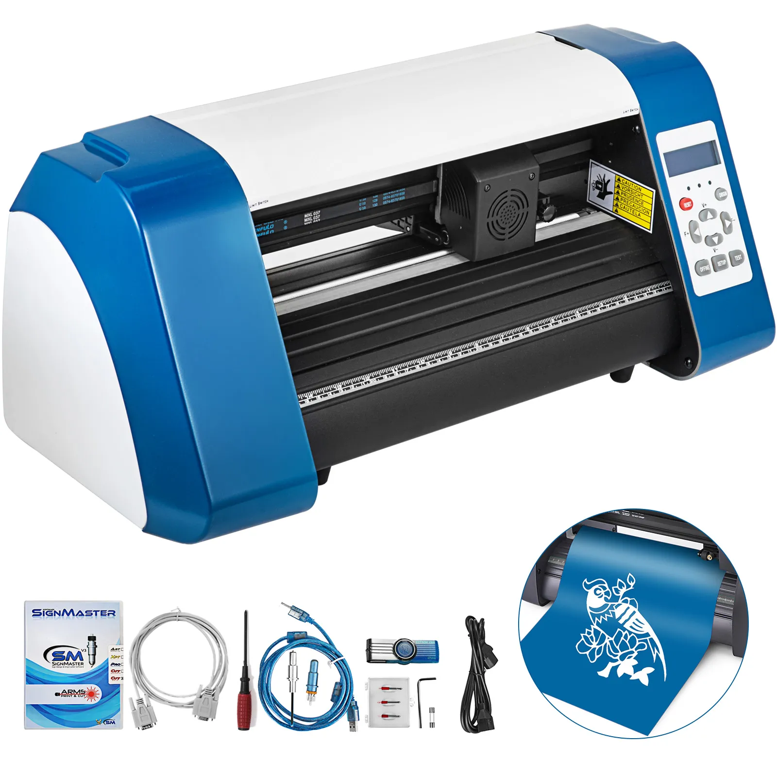 VEVOR vinyl cutter machine with accessories and sample cut design.