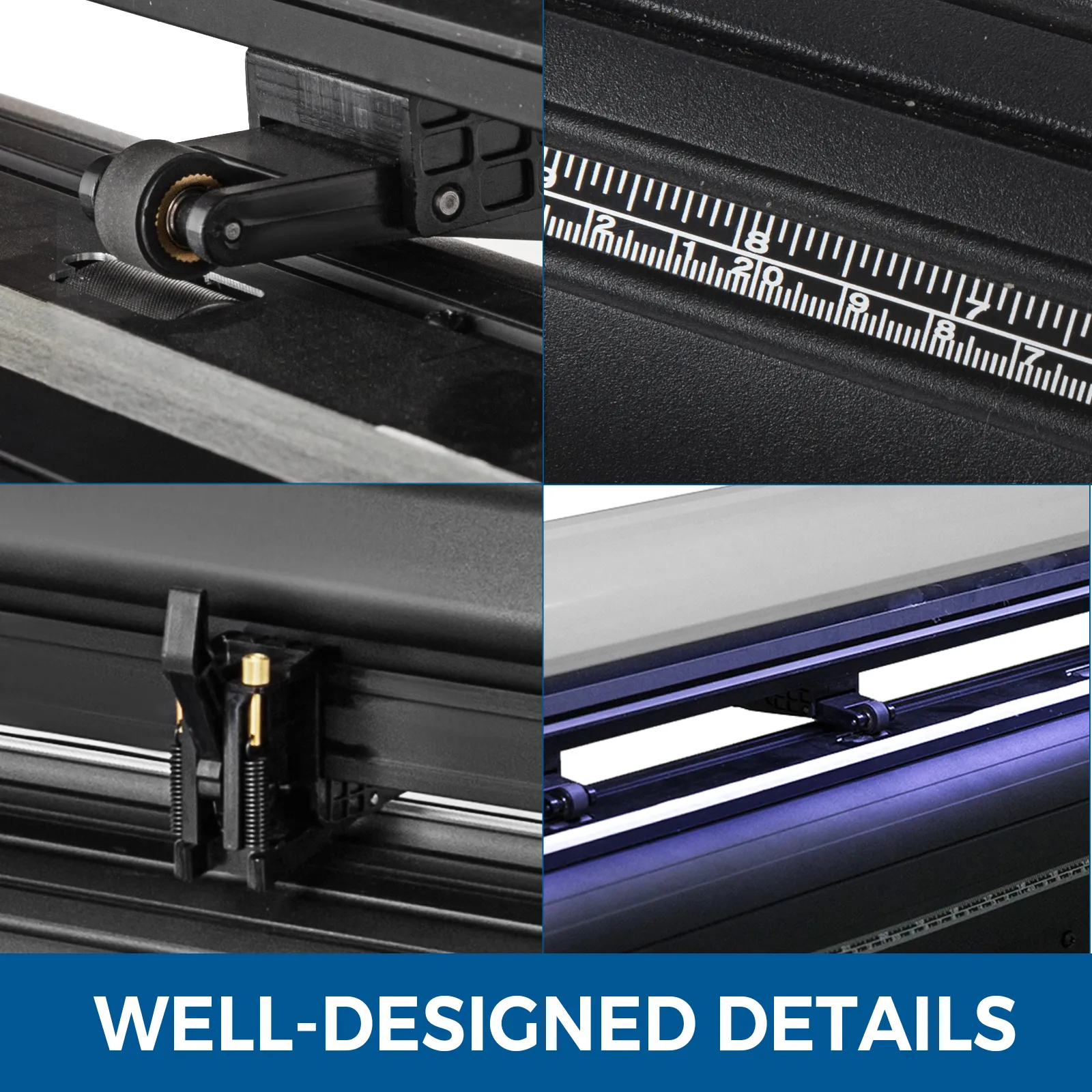 close-up of VEVOR vinyl cutter machine with detailed components and measurements.