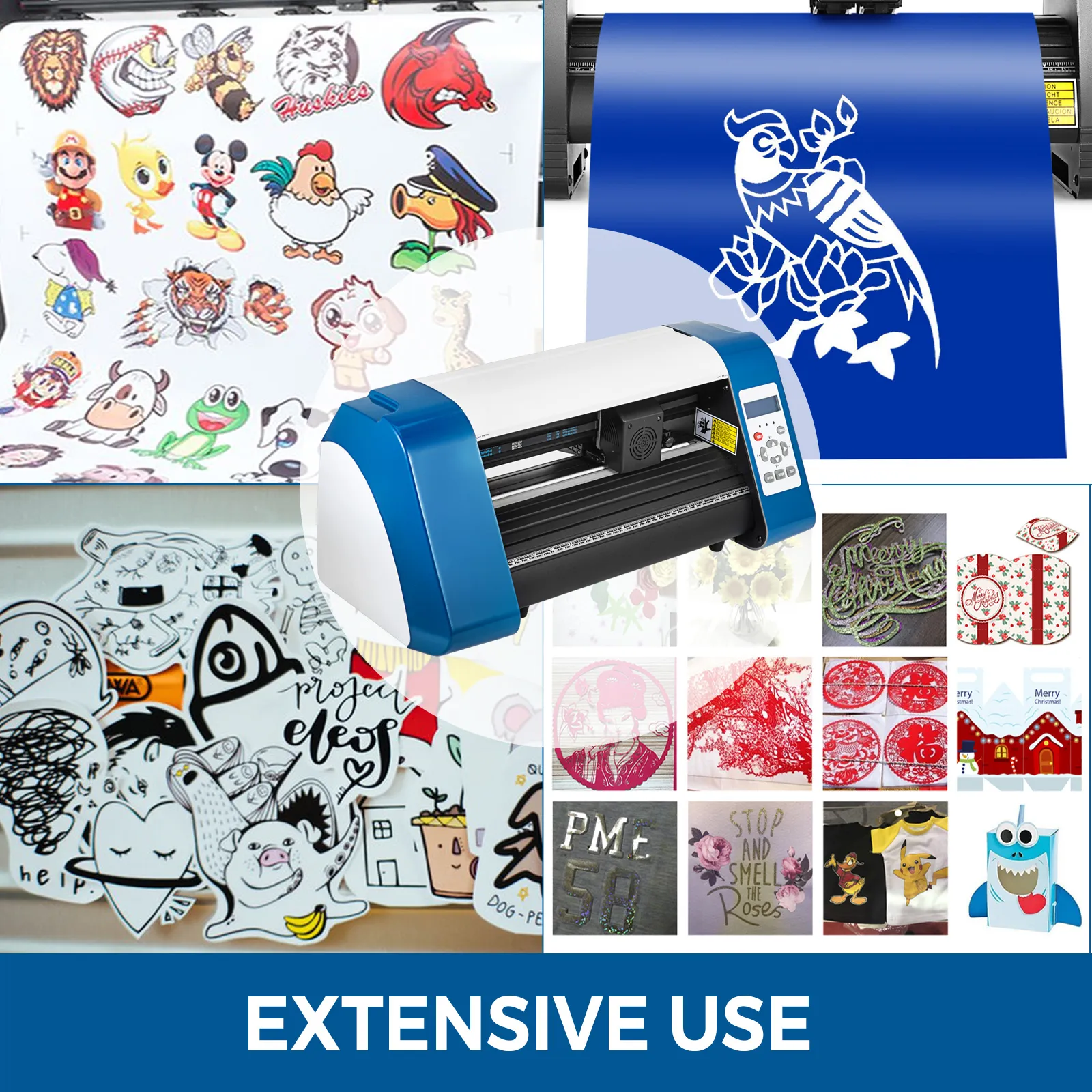 VEVOR vinyl cutter machine showing various creative stickers and extensive use.