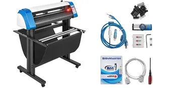 VEVOR vinyl cutter with stand and accessories including cables and blades.