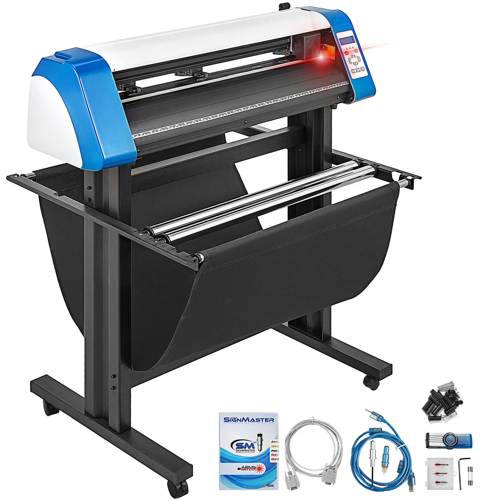 VEVOR vinyl cutter with stand, control panel, cables, and accessories set.