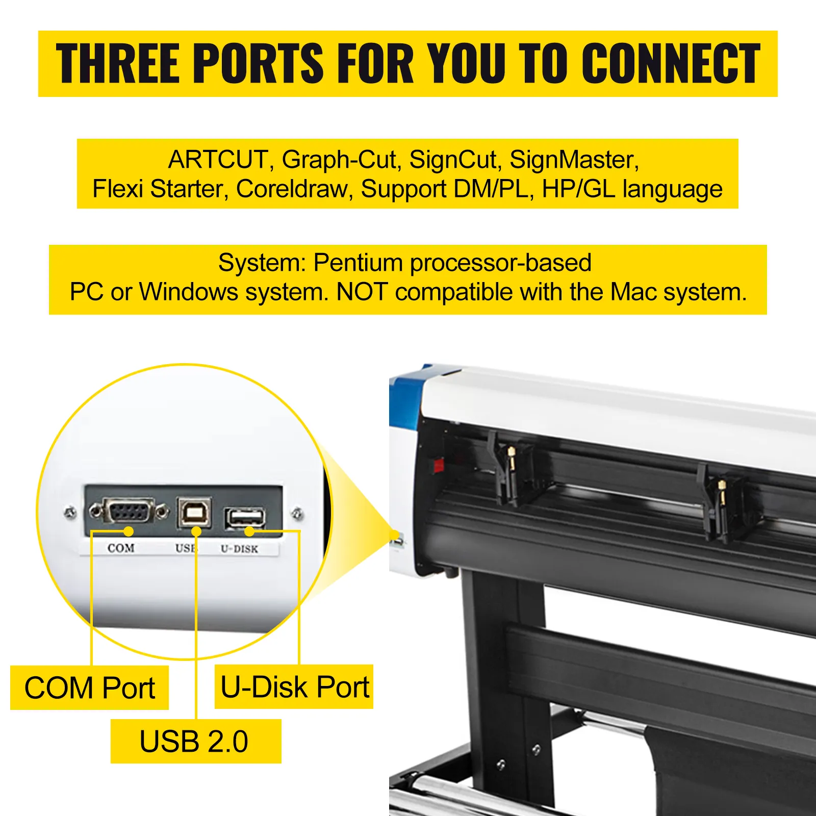 VEVOR vinyl cutter ports: com, usb, u-disk. works with artcut, signmaster, flexistarter.
