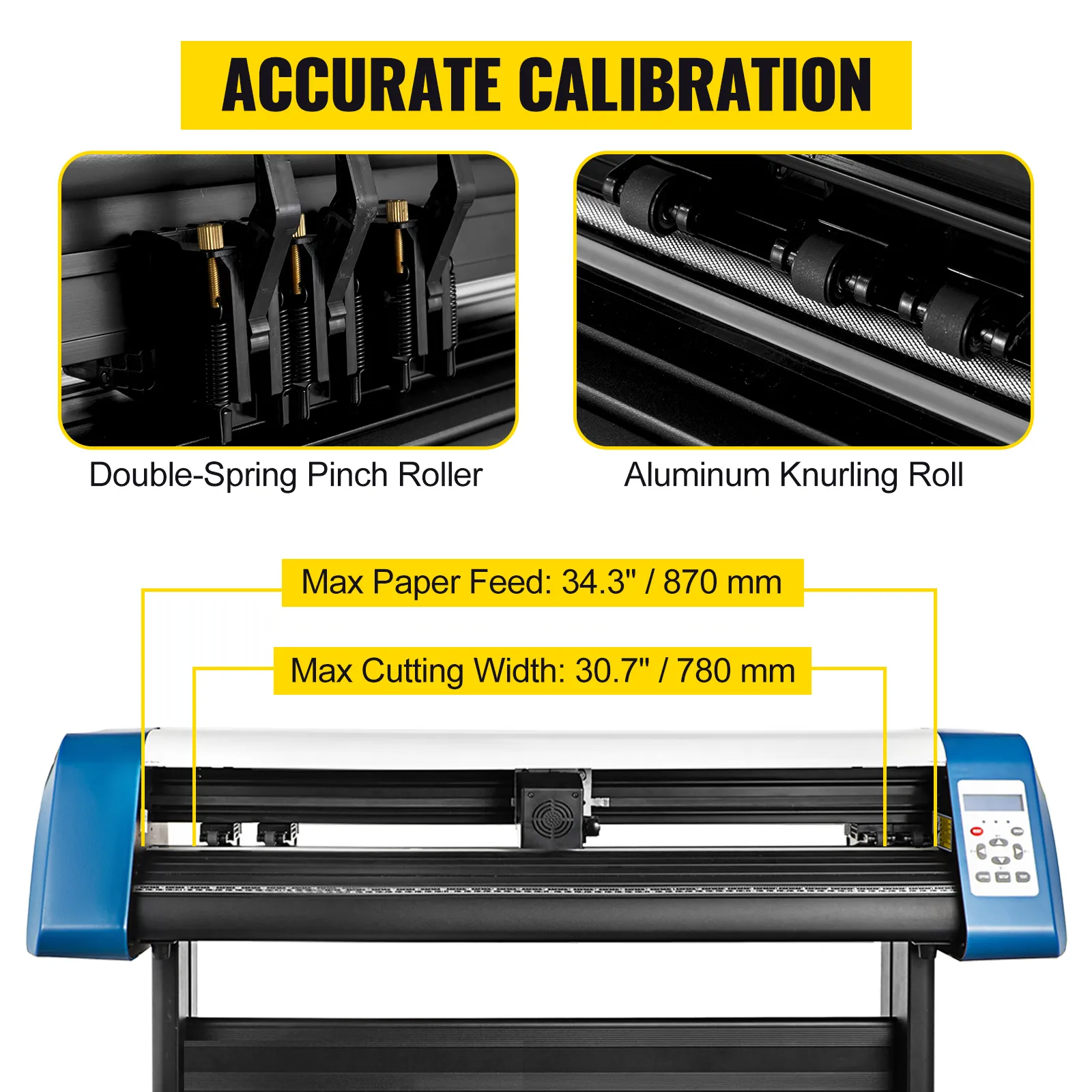 VEVOR vinyl cutter with double-spring pinch roller, aluminum knurling roll. max feed 34.3".