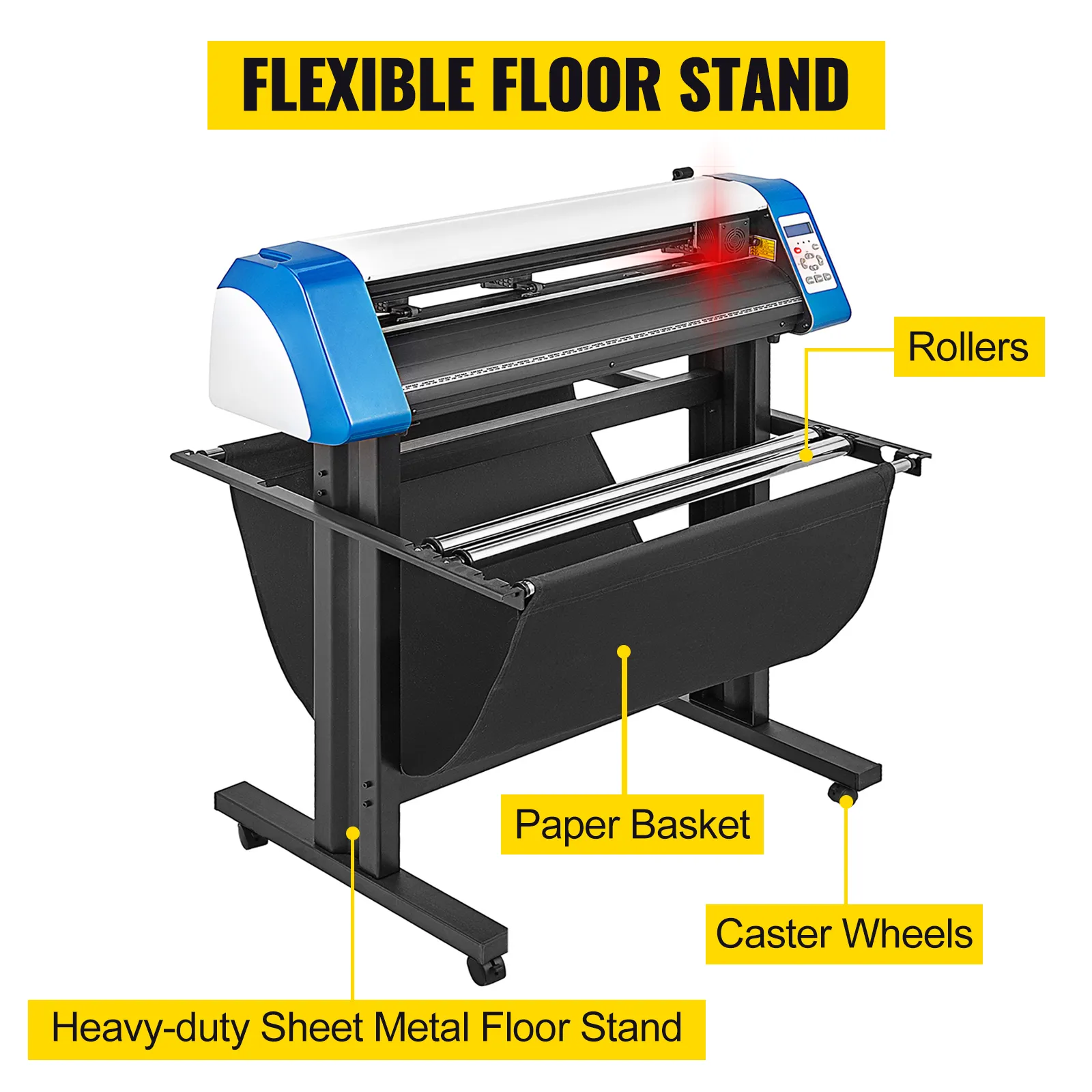 VEVOR vinyl cutter with flexible floor stand, rollers, paper basket, and caster wheels.