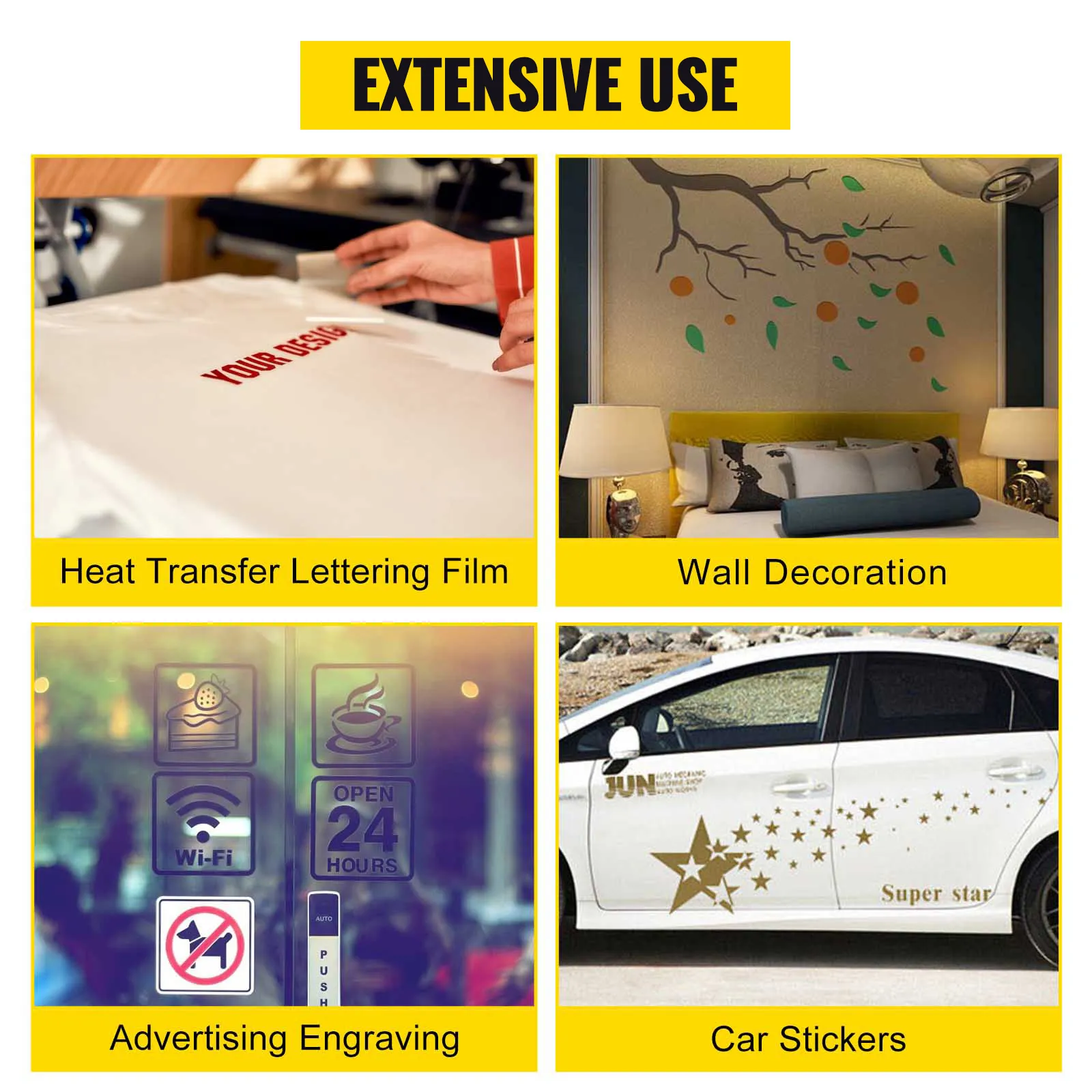 VEVOR vinyl cutter applications: heat transfer lettering, wall decoration, advertising, car stickers.