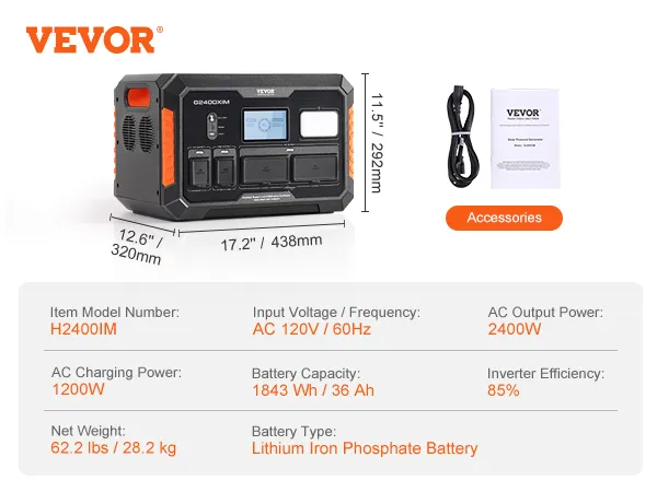 VEVOR portable power station with 2400w output, 1200w charging, and 1843wh capacity, dimensions shown.