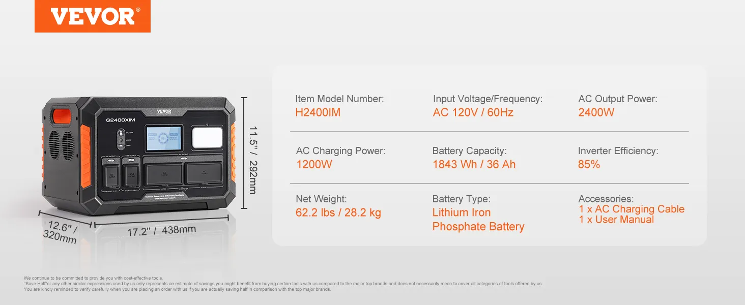 VEVOR portable power station with 2400w output, 1200w charging, and 1843wh capacity, dimensions shown.
