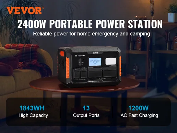 VEVOR portable power station 2400w for emergency and camping, featuring 1843wh capacity and 13 output ports.