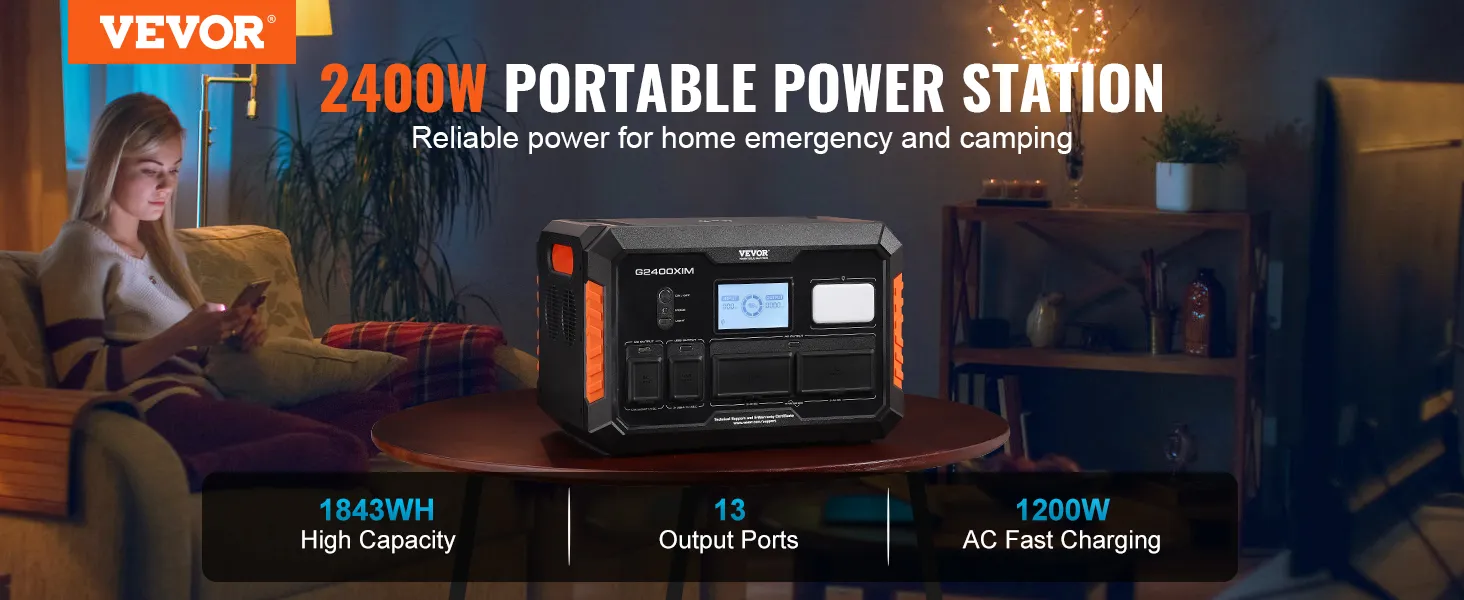 VEVOR portable power station 2400w for emergency and camping, featuring 1843wh capacity and 13 output ports.