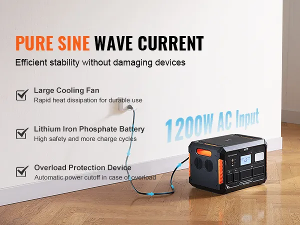 VEVOR portable power station with large cooling fan, lithium iron phosphate battery, overload protection.