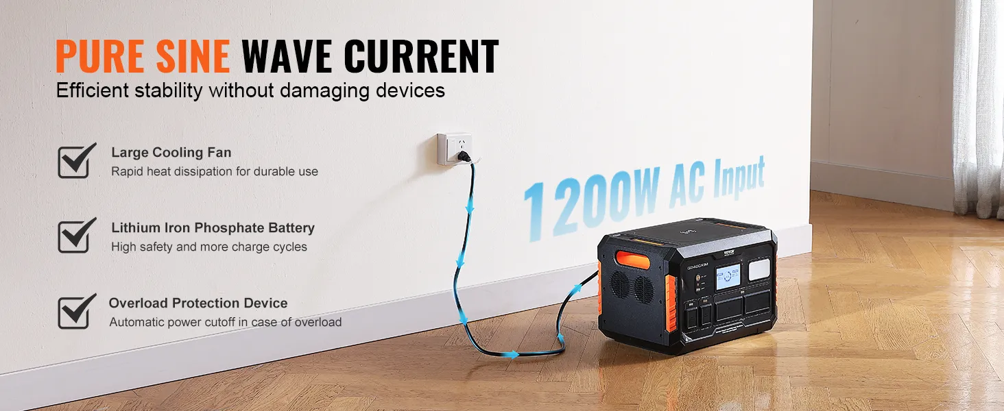 VEVOR portable power station with large cooling fan, lithium iron phosphate battery, overload protection.