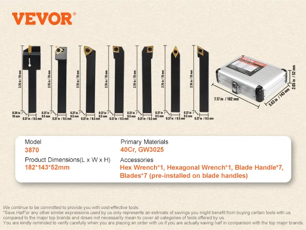 VEVOR lathe turning tool holder set with hex wrench, blade handles, and storage case. model 3870.