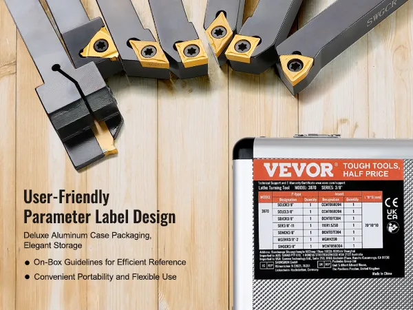 VEVOR lathe turning tool holder with convenient aluminum case and user-friendly parameter labels.