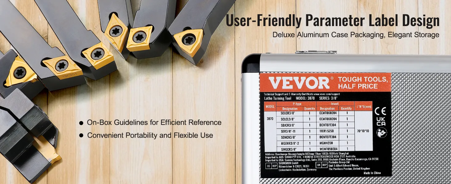 VEVOR lathe turning tool holder with convenient aluminum case and user-friendly parameter labels.