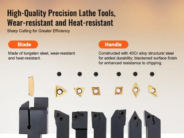 VEVOR lathe turning tool holder with tungsten steel blades and 40cr alloy steel handles for high precision.