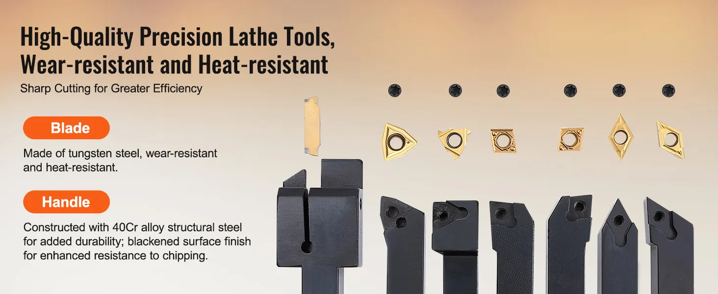 VEVOR lathe turning tool holder with tungsten steel blades and 40cr alloy steel handles for high precision.