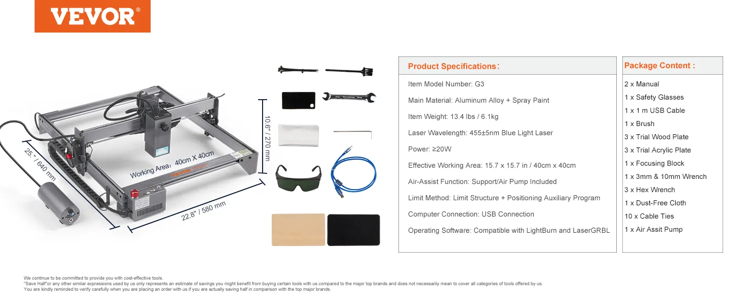 Grabador láser VEVOR con área de trabajo de 40 cm x 40 cm, marco de aluminio, gafas de seguridad y accesorios.