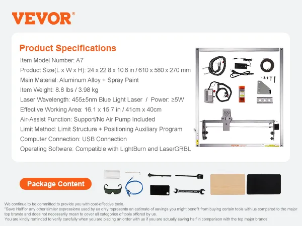 Kit de grabador láser VEVOR con marco, cables de alimentación, gafas de seguridad, llaves y accesorios.