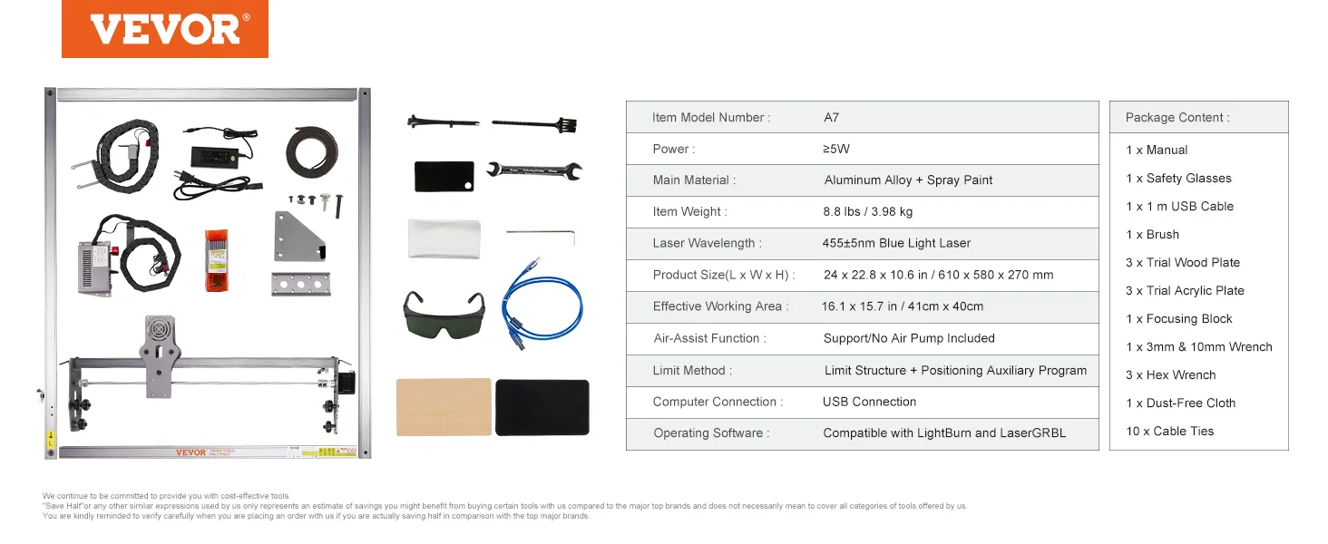 Kit de grabador láser VEVOR con marco, cables de alimentación, gafas de seguridad, llaves y accesorios.